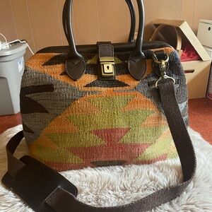Vintage Turkish Kilim Weekender Bag: Handmade Leather Travel Bag Carpet Bag
